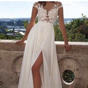 Sheer Neck Appliqued Wedding Dress **NEVER WORN